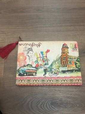 Yangoods | New Pouch/clutch Vintage scene Yangon City postcard fabric tassel